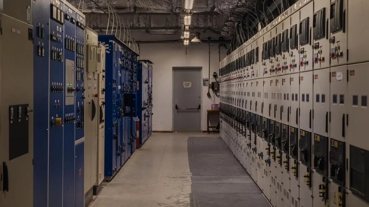 Industrial control room with rows of electrical panels and glowing indicator lights, representing data center infrastructure